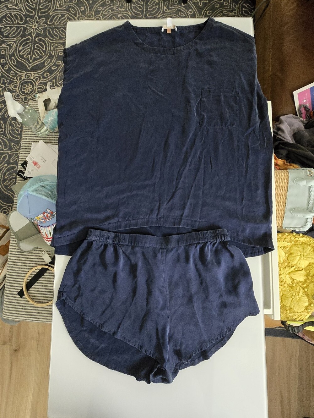 lunya Navy Washable Silk Tee Shirt And Short Set